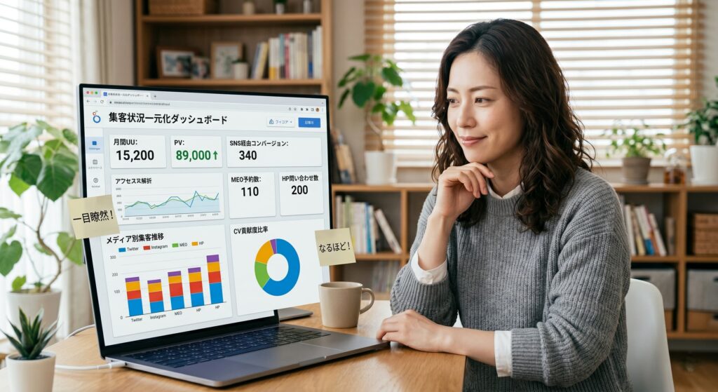 各プラットフォームのデータを一元化することで、１枚のレポートを見るだけで効果が分かる状態