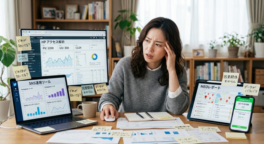 SNSやMEO、LINEにHPなど、各プラットフォームがバラバラにあるため、因果関係が分からず、どの施策に効果があるか分からず、悩んでいる様子